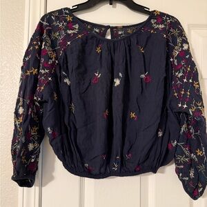 Free People Navy Floral Embroidered Crop Top